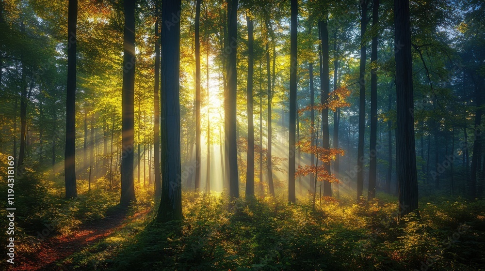 Fototapeta premium Forest scene with foliage and sunlight filtering through trees