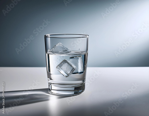 A minimalist shot of a clear glass of water with a few ice cubes 