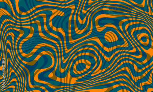 This stunning artwork showcases a vibrant abstract pattern of intertwined wavy lines in bold shades of orange and teal, creating