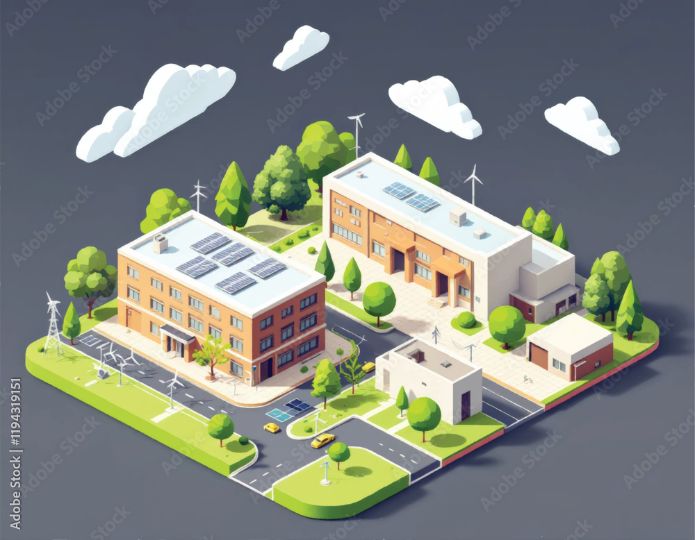 Fototapeta premium isometric vector illustration of an eco friendly business park with trees and renewable energy
