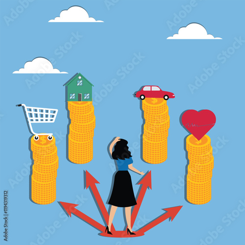 Heavy with the cost of living, overloaded with family finances, the businesswoman looked quizzically at the high mountain of gold coins for the house, the shopping cart, the car and the heart-shaped