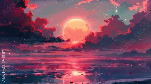 Red sunset landscape, anime, manga, digital art drawing. Romantic painting of a landscape with clouds and stars. Abstract 4k digital image of moody sad, lovely landscape, janapese illustration style. photo