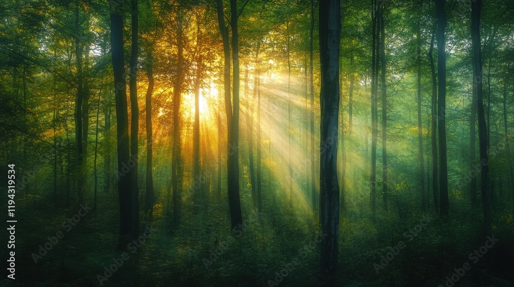 Fototapeta premium Forest scene with foliage and sunlight filtering through trees