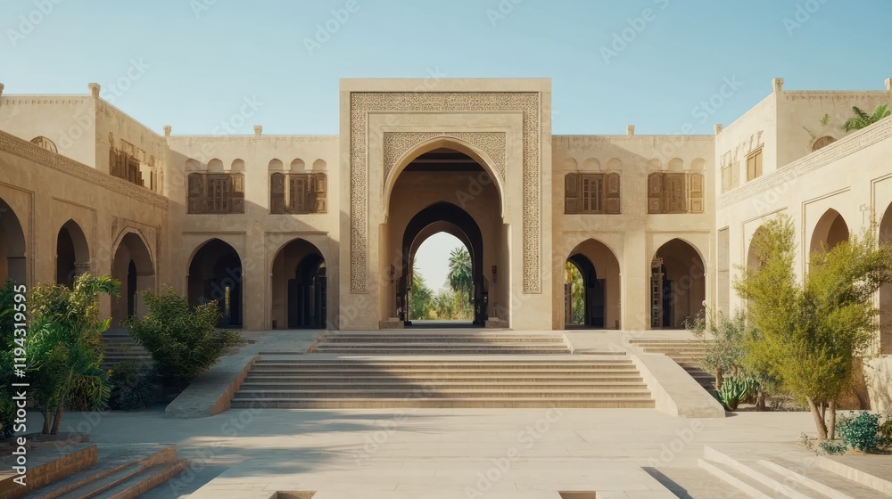 Obraz premium Historic Courtyard with Arched Entrance and Symmetrical Architecture