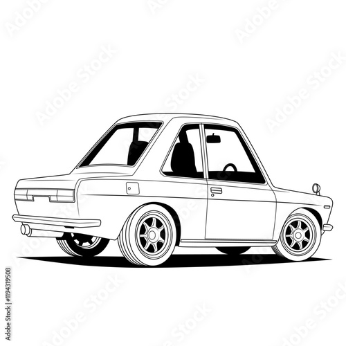 a side view of a compact, classic car with detailed line art, showcasing its wheels, windows, and body contours, making it interesting for its clean and precise illustration style