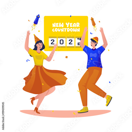 Flat design of happy couple waiting for countdown to celebrate new year party