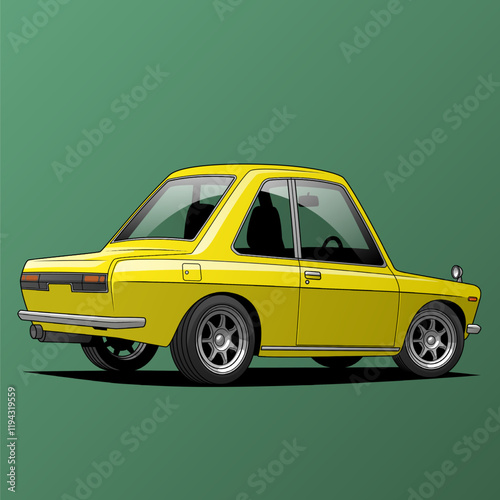 a vector illustration of a small, yellow, vintage car with a green background, highlighting its compact design and classic appeal
