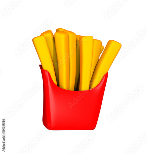 french fries 3d icon. 3d.Potatoes French Fries. Meal of Fast Food. Fast Food french fries in paper pack 3d illustration on white background.