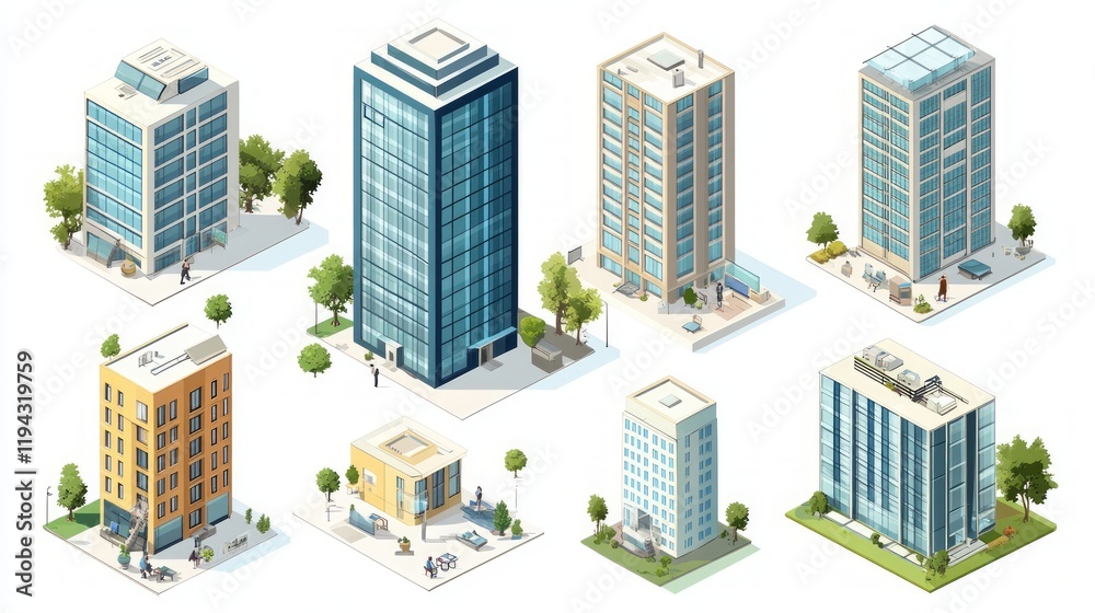 Cityscape Diverse Buildings, Urban Development, Isometric View, Real Estate
