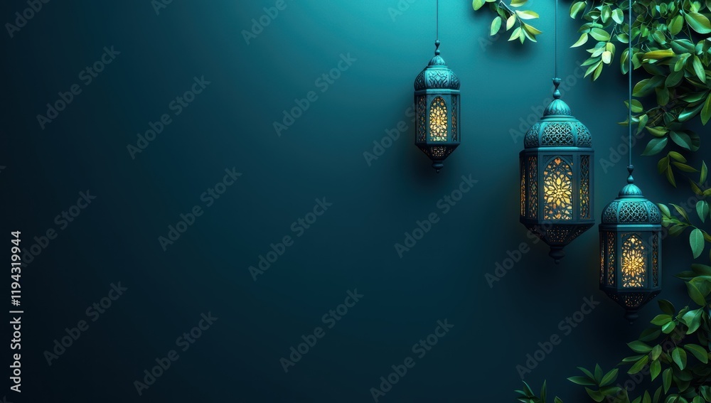 Elegant Teal Lanterns with Intricate Designs Hanging Amongst Lush Greenery Elegant Teal Lanterns with Intricate Designs Hanging Amongst Lush Greenery