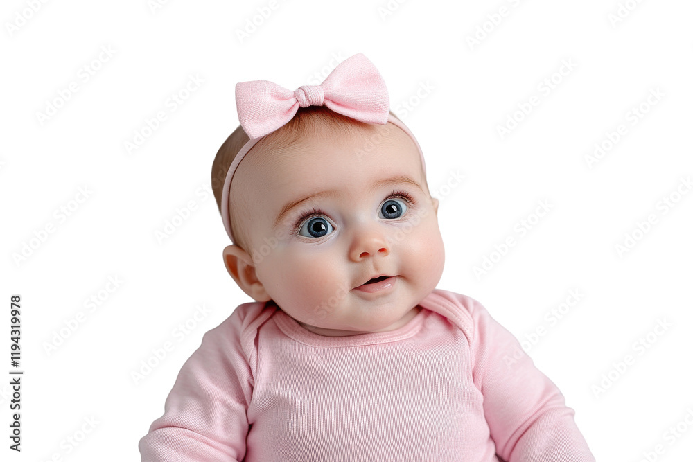 Baby Girl in Pink Outfit with Bow Headband Isolated on png Background Baby Girl in Pink Outfit with Bow Headband Isolated on png Background