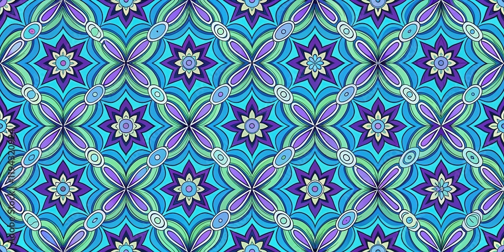 Vibrant Teal and Purple Floral Pattern with Intricate Geometric Design Elements Featuring Repeating Star and Flower Shapes in a Seamless Textile Print Vibrant Teal and Purple Floral Pattern with Intricate Geometric Design Elements Featuring Repeating Star and Flower Shapes in a Seamless Textile Print