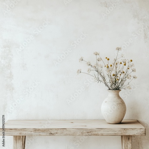 Rustikaler Holztisch mit Vase – Boho-Stil trifft auf Minimalismus photo