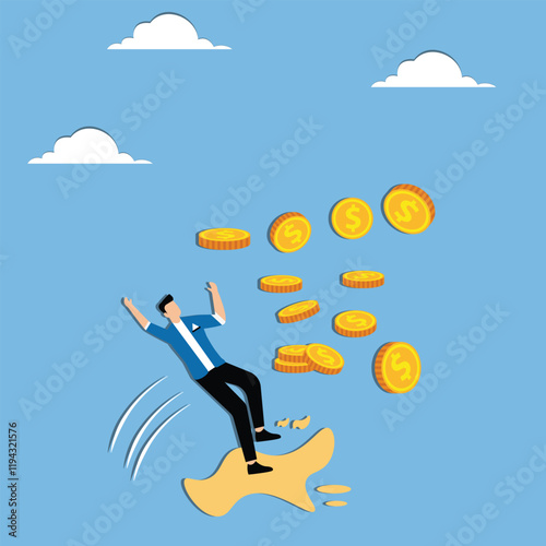 A falling down, a setback or problem, a bad decision in business or career that results in a loss of money, a businessman who falls down while walking with a pile of money