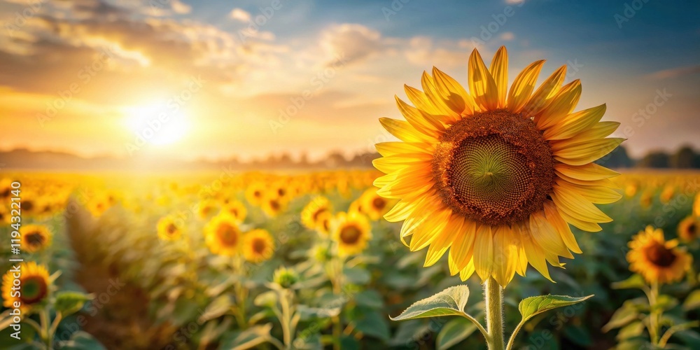 Obraz premium Golden Hour Sunflower Field at Sunset A Vibrant Summer Landscape