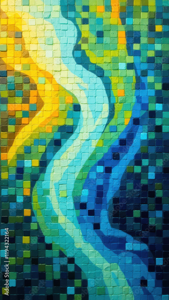 Vibrant abstract tile art with flowing lines and organic shapes in a spectrum of colors including yellow, blue, green, and orange, creating an eye-catching wall installation. Vibrant abstract tile art with flowing lines and organic shapes in a spectrum of colors including yellow, blue, green, and orange, creating an eye-catching wall installation.