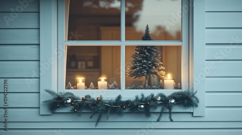 Warm and Inviting Winter Scene Featuring a Candlelit Window and Snowy Pine Display.