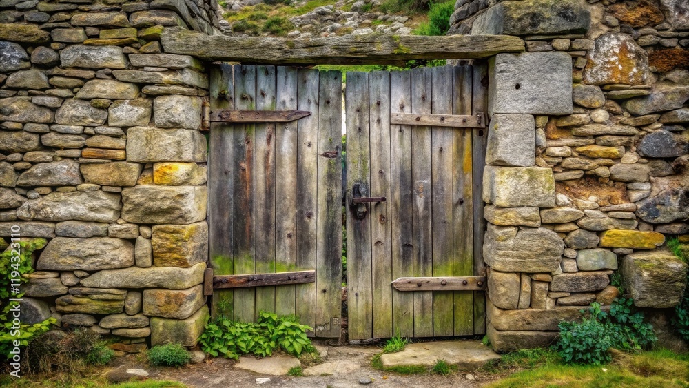Rustic Wooden Gate Set in Ancient Stone Wall, a Pathway to the Unknown Rustic Wooden Gate Set in Ancient Stone Wall, a Pathway to the Unknown