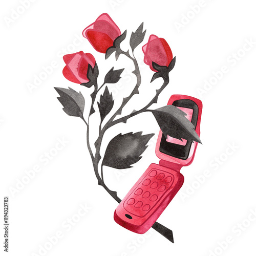 Pink glamorous feminine flip phone from 2000s romcom in rose branches. Isolated watercolor illustration for t-shirt, notebook or sticker. photo