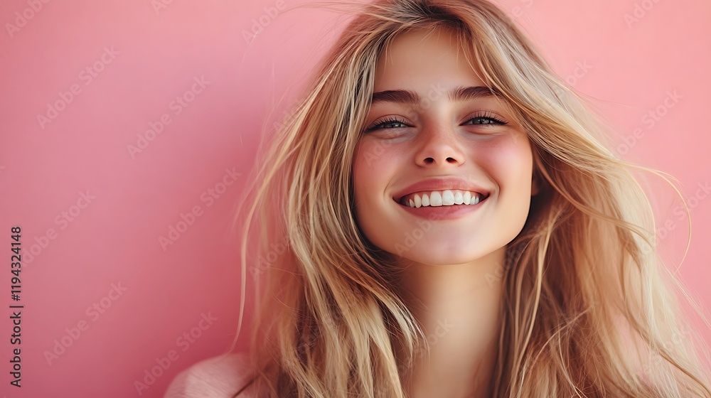 Fototapeta premium Joyful portrait of a smiling young woman against a pink background