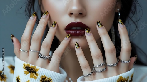 minimalist yellow Unique floral nail art with green accents, showcasing creativity and boldness in modern manicure trends. photo