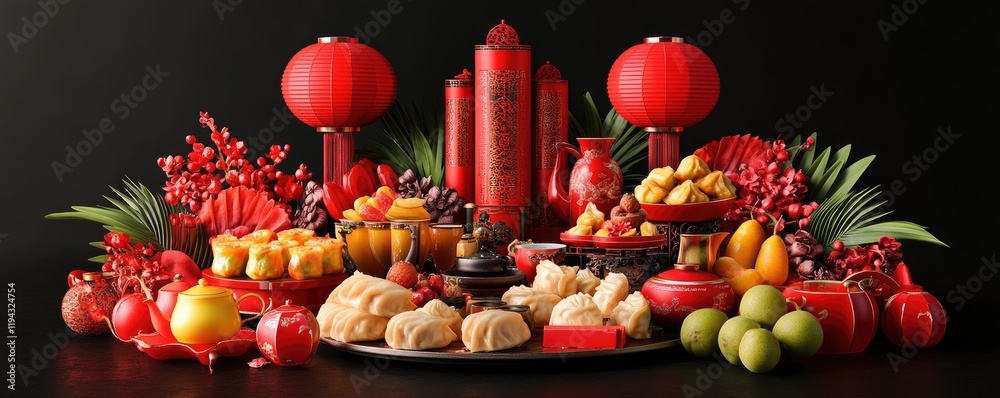 Fototapeta premium Colorful Festive Arrangement of Traditional Foods and Decorations for Celebration Events