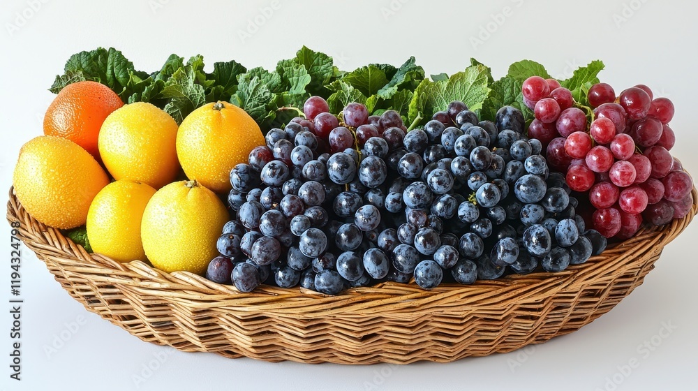 Fresh oranges and red, black, and green grapes in a wicker basket. Fresh oranges and red, black, and green grapes in a wicker basket.