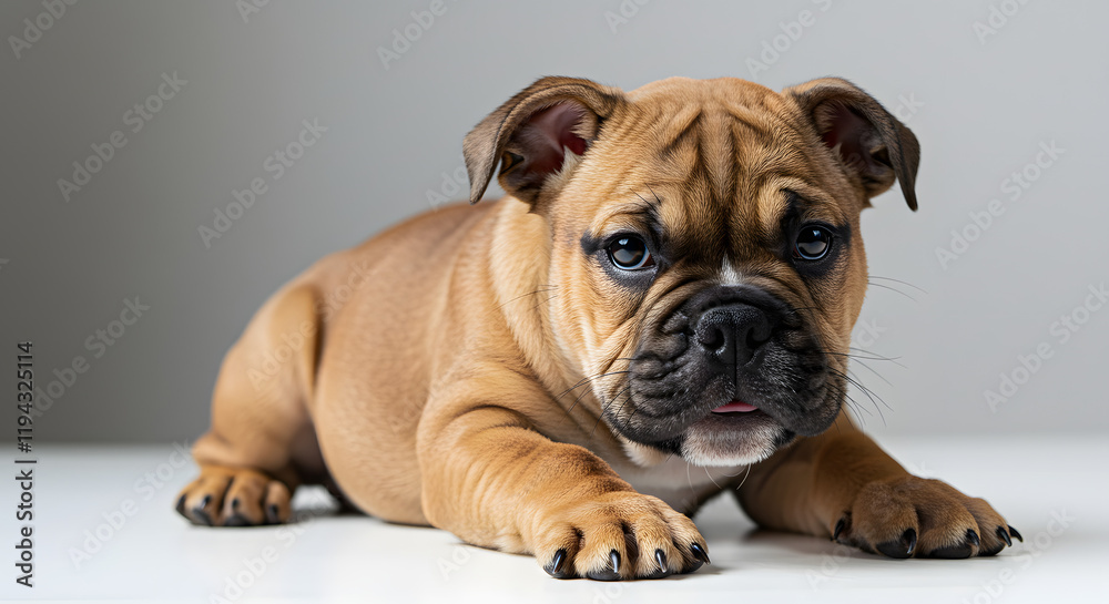 Obraz premium A solitary bulldog puppy is presented on a white background.