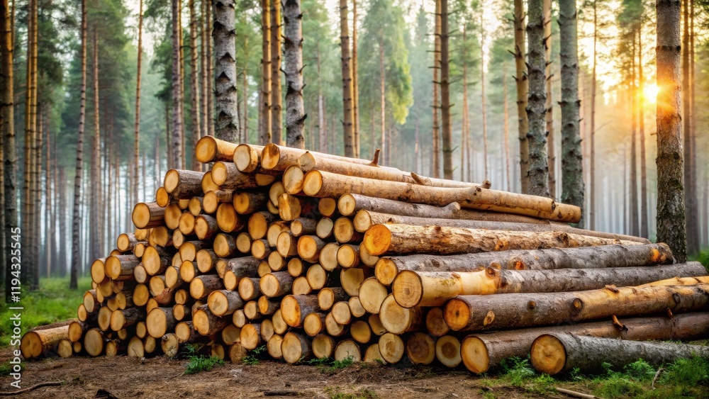 Sunrise in the Forest A Stack of Harvested Logs in a Misty Pine Grove Sunrise in the Forest A Stack of Harvested Logs in a Misty Pine Grove