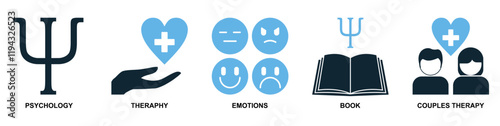 Psychology Therapy Icon Vector Set - Emotions, Couple Therapy, Mental Health Support, Psi Symbol, Healing Book, Flat Design Illustration for Wellness, Counseling, and Mental Care in Modern Style