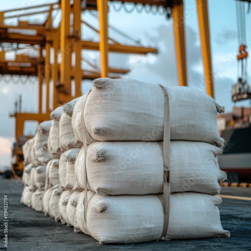 Cargo Bags at the Docks: A Stack of Industrial Sacks Await Transportation photo