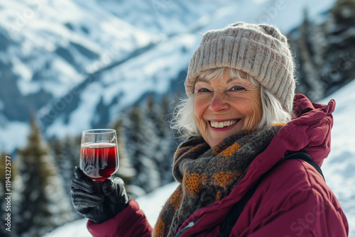 Funny happy elderly womana  snowboarder drinking mulled wine on ski slope background. photo