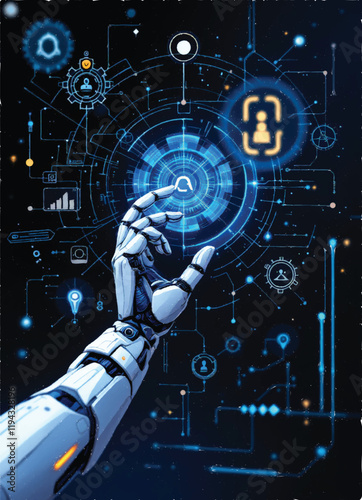 business automation concept with robotic hand interacting with holographic screen and tech symbols