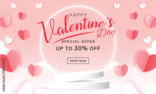 Horizontal banner with pink sky and paper cut clouds. Place for text. Happy Valentine's day sale header or voucher template with hearts. Rose cloudscape border frame pastel colors.