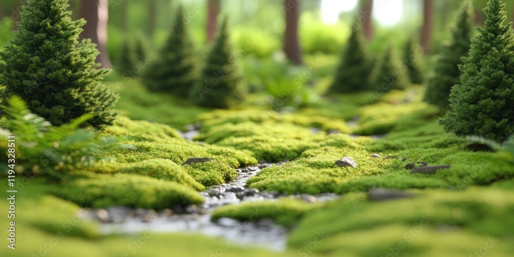 Serene Stream Flowing Through Lush Mossy Forest Landscape Under Clear Blue Sky Serene Stream Flowing Through Lush Mossy Forest Landscape Under Clear Blue Sky