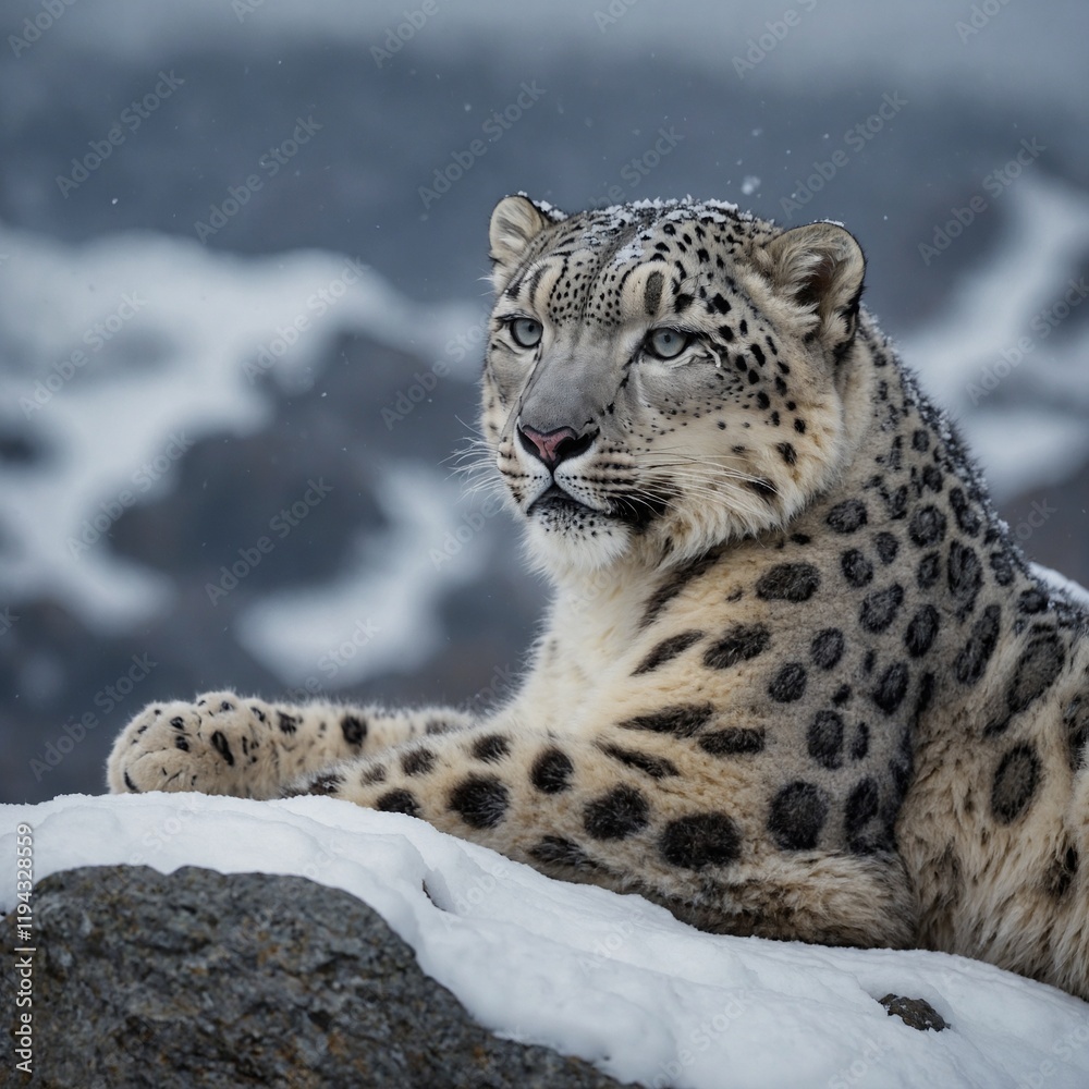 A snow leopard resting on a rocky outcrop, its eyes half-closed as it blends into the wintry scene.
A snow leopard resting on a rocky outcrop, its eyes half-closed as it blends into the wintry scene.