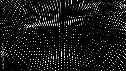 Abstract black background wave white dot particles form. Technology futuristic digital flow seamless looping