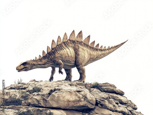 Stegosaurus on rocky peak, prehistoric landscape, extinct reptile, paleontology study photo