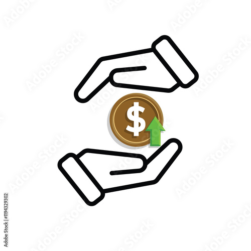 coin icon. money strengthens or rises in hand. money management vector, business and finance icon, showing continuous movement. Mixed design style