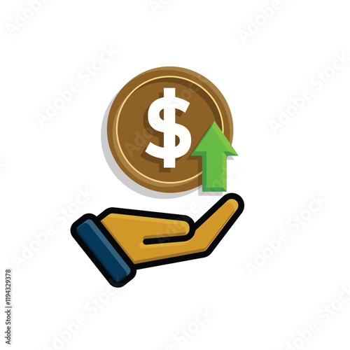 coin icon. money strengthens or rises in hand. money management vector, business and finance icon, showing continuous movement. flat color design style