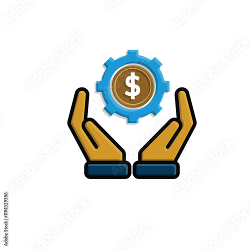 Coin icon. financial gear in hand. money management vector, business and finance icon. flat color design style. for financial education, web, management