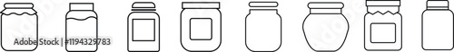 Glass jar kitchen utensil icon set, Hand drawn sketch style drawing. canning and preserving. With cover and without lid. ,isolated on a transparent background, PNG, cutout, or clipping path.
