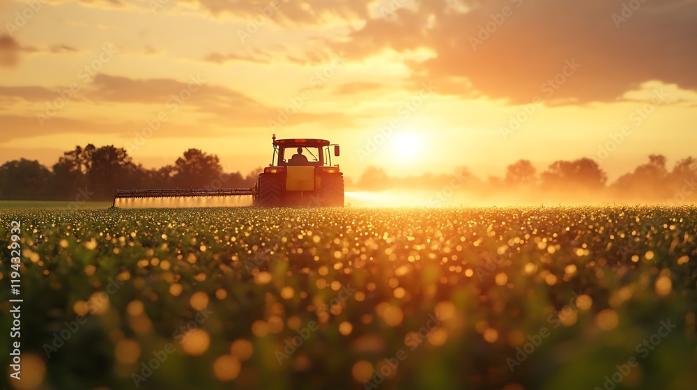 Fototapeta premium Tractor harvesting crops at sunset agriculture field nature landscape
