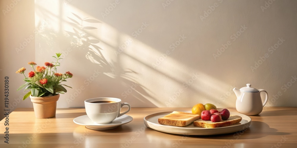 Serene morning sunlight illuminates a simple breakfast scene featuring a cup of coffee, toasted bread with fruit, and a small potted plant, creating a calm and peaceful atmosphere. Serene morning sunlight illuminates a simple breakfast scene featuring a cup of coffee, toasted bread with fruit, and a small potted plant, creating a calm and peaceful atmosphere.