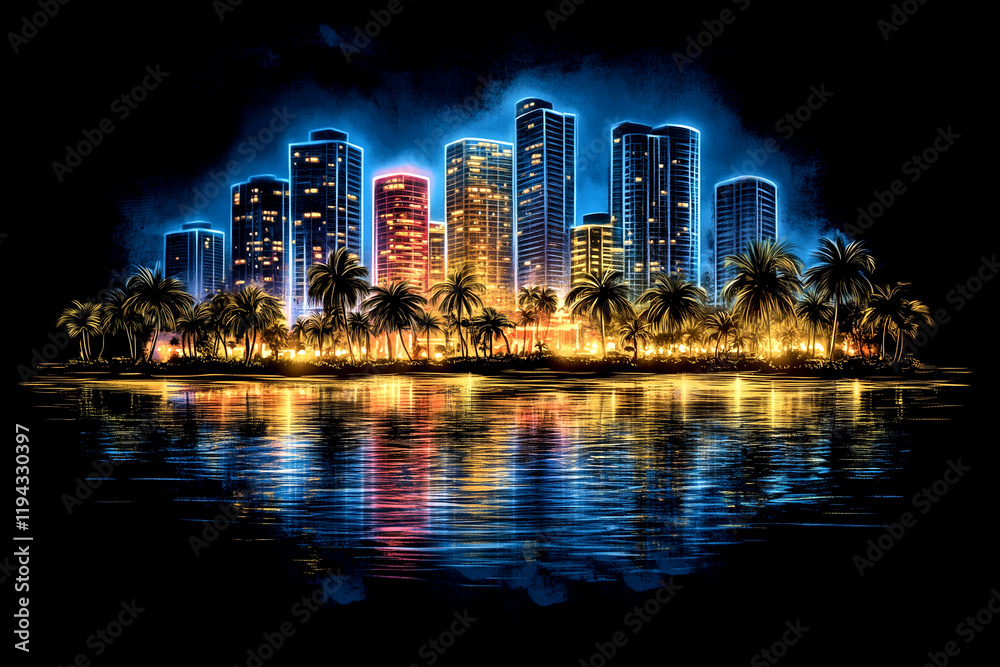 Obraz premium A city skyline with a body of water in the background. The water is reflecting the lights of the city, creating a vibrant and lively atmosphere