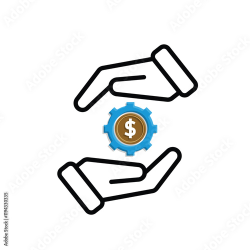 Coin icon. financial gear in hand. money management vector, business and finance icon. mixed design style. for financial education, web, management