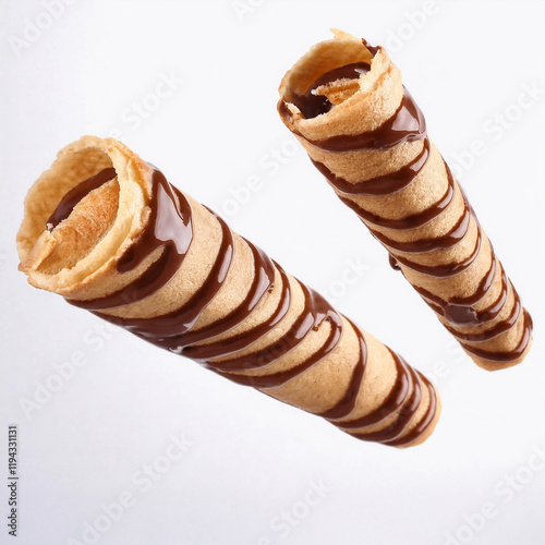 Crunchy wafer roll covered in chocolate on white background