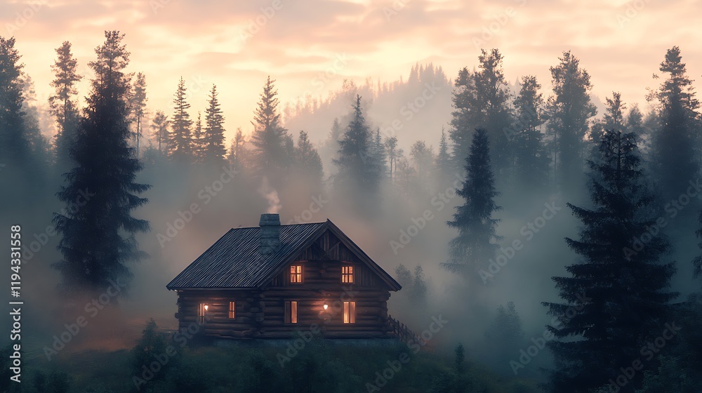 A picturesque log cabin surrounded by towering trees, their misty tops glowing softly in the light of sunrise, tranquil and serene atmosphere, photorealistic textures, cinematic tones --ar 16:9 A picturesque log cabin surrounded by towering trees, their misty tops glowing softly in the light of sunrise, tranquil and serene atmosphere, photorealistic textures, cinematic tones --ar 16:9