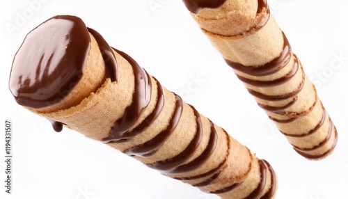 Crunchy wafer roll covered in chocolate on white background