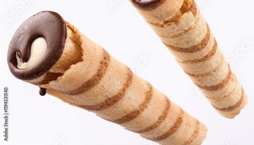 Crunchy wafer roll covered in chocolate on white background